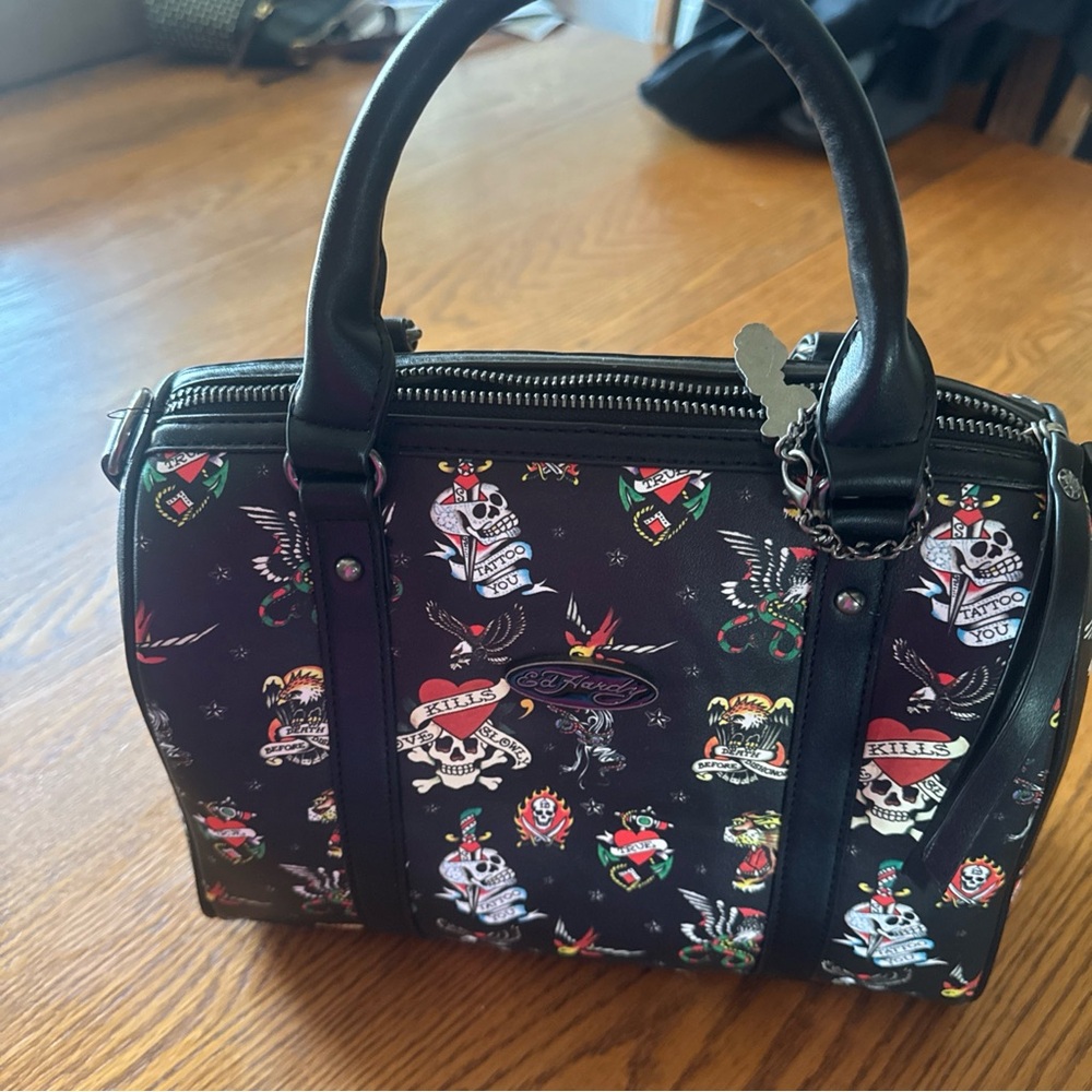 Ed Hardy Black Satchel with Colorful Tattoo Motifs